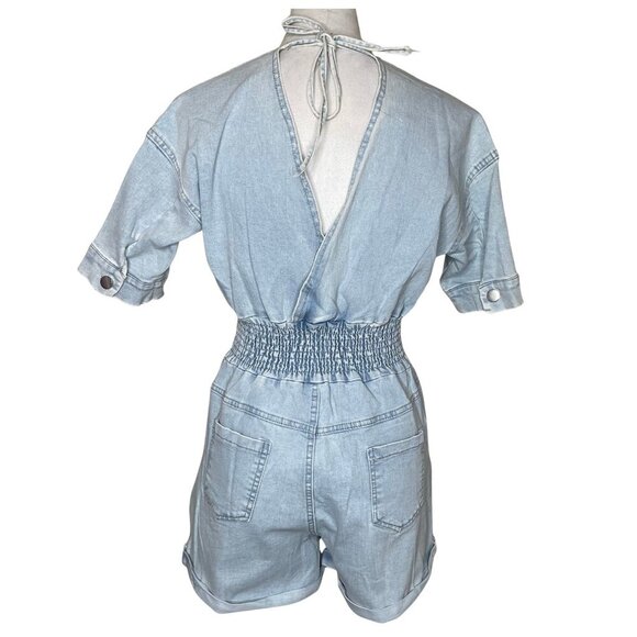 Coco Ceee Blue Denim Romper Button Accent with Pockets Romper Size Med Going Out - Picture 4 of 12
